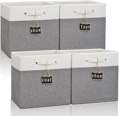 Cubos de almacenamiento de 11x11, paquete de 4, cubos de almacenamiento de tela plegables con etiquetas, cubos organizadores de almacenamiento de