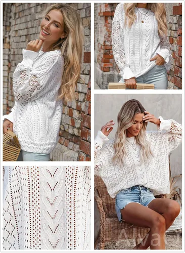 Miniatura 4 de AlvaQ - Suéter para mujer, de encaje de ganchillo, manga larga, cuello redondo, tejido de punto para invierno, sin botones