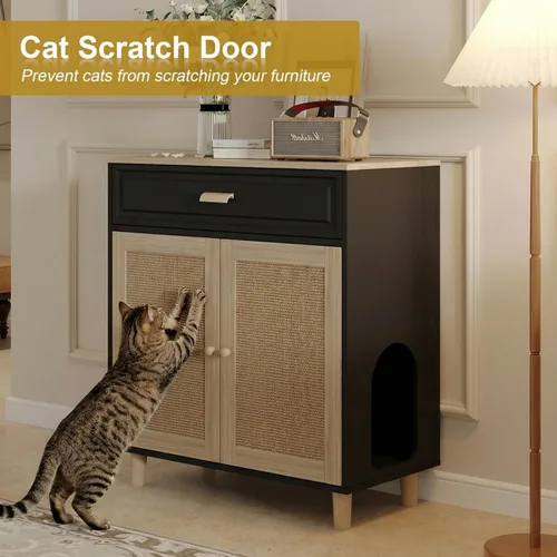 Miniatura 2 de Mueble Gabinete para Caja de Arena de Gatos Oculta Interior 2 en 1 Casa de Madera para Gatos y Gabinete de Baño con Puertas de Tabla Rascadora