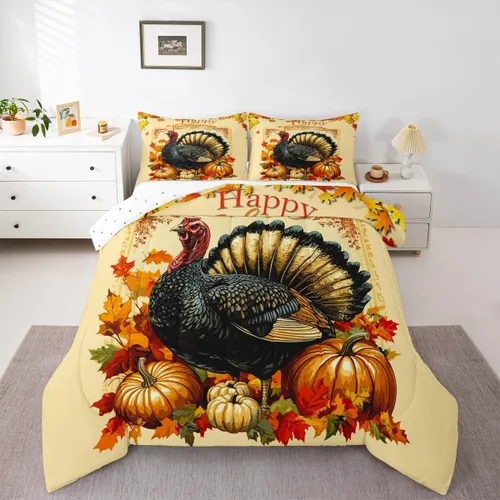 Erosebridal Juego de edredón individual de pavo de Acción de Gracias, juego de ropa de cama de calabaza con hojas de otoño para niños y adultos,
