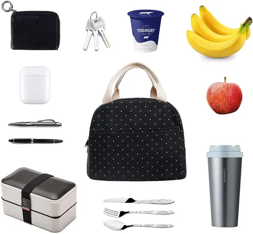 Miniatura 4 de EurCross Bolsa de almuerzo negra compacta mejorada para niñas y mujeres, de lona, reutilizable, aislada, con lunares, bolsa de almuerzo