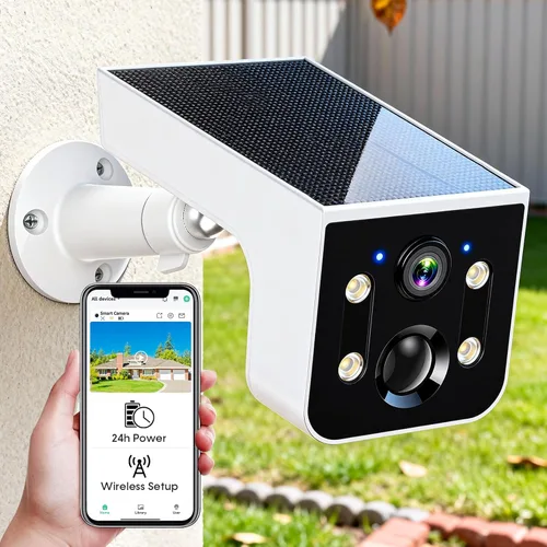 Thybro Cámara de seguridad solar para exteriores 2K visión nocturna: cámara inalámbrica WiFi con detección de movimiento AI, conversación de 2 vías,