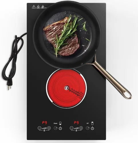 Placa de cocina eléctrica, quemador eléctrico de 2 quemadores integrados y encimera para cocinar, estufa de 2400 W 110 V, 11 ajustes de potencia,