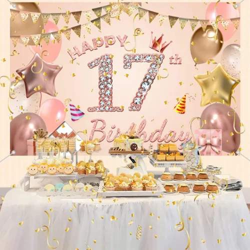 Miniatura 3 de Tecreo Cartel de fondo de decoración de feliz cumpleaños 17 para niñas, vinilo rosa, 59 x 35.4 pulgadas, incluye pancarta