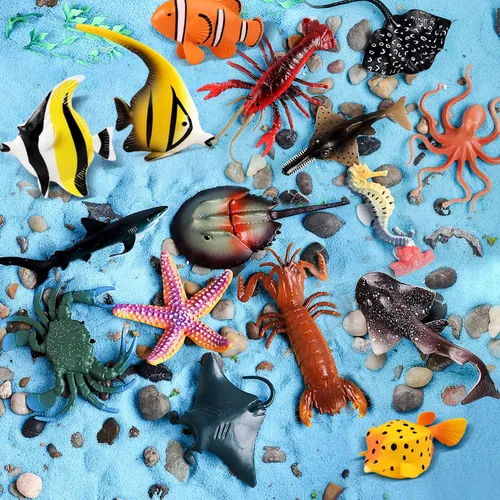 Miniatura 3 de Figuras de Juguetes de Animales Marinos 21 Piezas, Criatura Marina de Plástico Tiburón Pez Estrella de Mar Cangrejo Langosta Pulpo Caballito de Mar