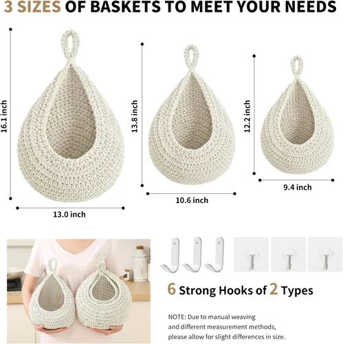 Miniatura 4 de Cestas de frutas colgantes de pared bohemias para cocina, paquete de 3, contenedor de productos tejido con 6 piezas de ganchos fuertes, cesta