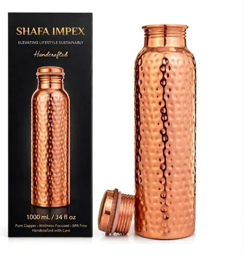Botella de agua ayurvédica de cobre de 34 onzas, hecha a mano, 100% cobre puro, botella martillada para beber a prueba de fugas y recipiente de agua