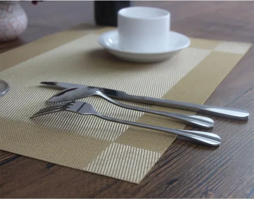 Miniatura 5 de Juego de 6 manteles individuales de plástico lavables para mesa de cocina, resistentes al calor, de vinilo tejido, para exteriores, 12 x 18 Dorado