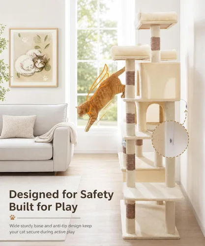 Miniatura 6 de PMT03BW - Árbol para gatos de interior, torre grande de 71 pulgadas con poste rascador y percha superior, hamaca, condominio para gatos adultos