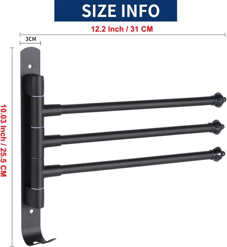 Miniatura 2 de Toallero giratorio negro para Bathrrom montado en la pared, estante de secado para ahorrar espacio, organizador de almacenamiento para colgar de 12