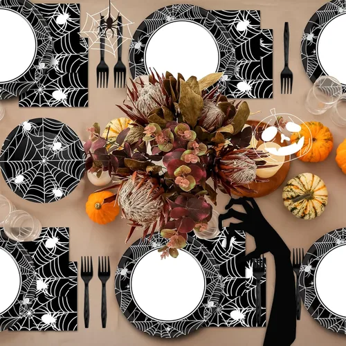 Miniatura 6 de 50 Invitados Platos y Servilletas de Telaraña de Halloween Suministros para Fiestas Decoraciones de Fiesta de Telaraña Vajilla Desechable Negra