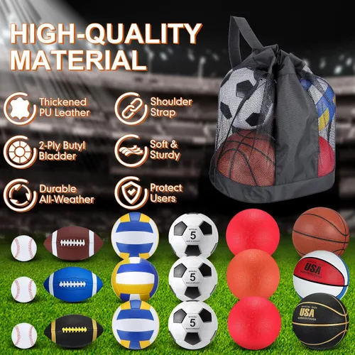 Miniatura 3 de Leyndo Juego de 18 Pelotas Deportivas a Granel Baloncesto Fútbol Americano Voleibol Fútbol Soccer Parque Infantil Béisbol con Bolsa de Equipo Varios