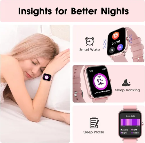 Miniatura 5 de Reloj inteligente para mujer (respuesta/hacer llamada): rastreador de fitness impermeable de 1.85 pulgadas con presión arterial de 24 horas de Rosa