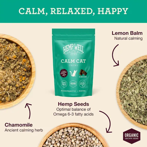 Miniatura 2 de Hemp Well Calm Cat Soft Chews - Fórmula para aliviar la ansiedad y el estrés, ingredientes orgánicos, calma y relaja, mejora el comportamiento, 60