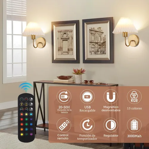 Miniatura 4 de Juego de 2 apliques de pared inalámbricos, pantallas plisadas recargables que funcionan con batería, luces de pared retro de cuello de ganso Dorado