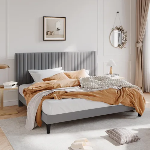 Miniatura 16 de SHA CERLIN - Base de cama tamaño Queen tapizada con plataforma y cabecera acolchada de terciopelo con canales verticales ajustables, soporte
