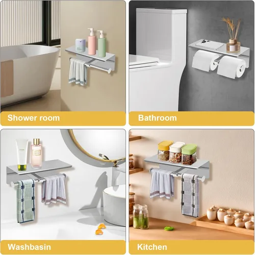 Miniatura 6 de Soporte doble de papel higiénico, soporte de papel de seda de acero inoxidable con estante, dispensador de papel higiénico antioxidante, montado