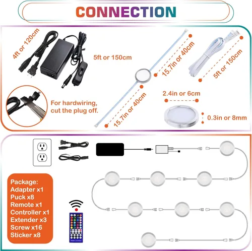 Miniatura 2 de RGBWW Curio - Kit de luces LED debajo de la parte superior, cambia de color rojo, verde, azul y blanco cálido verdadero, atenuador remoto, conexión