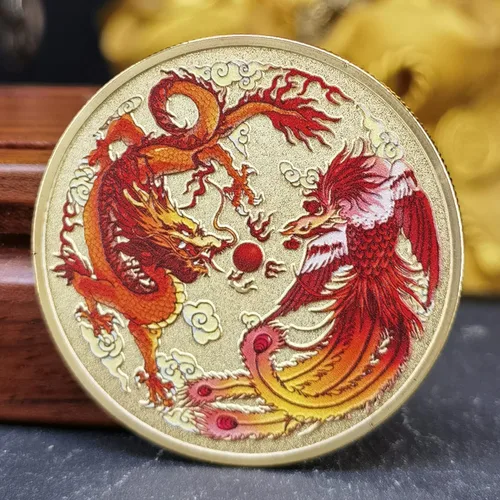 Miniatura 5 de Colorido dragón chino y fénix moneda de la suerte - Rascador de boletos de lotería - Atrae buena fortuna - Moneda de desafío de buena suerte