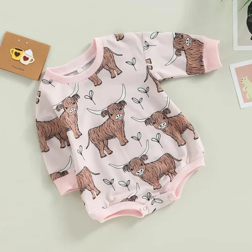 Miniatura 3 de Ropa occidental para bebé, niño, niña, sudadera con estampado de vaca de las tierras altas, mameluco de burbujas, traje de vaquero para bebé
