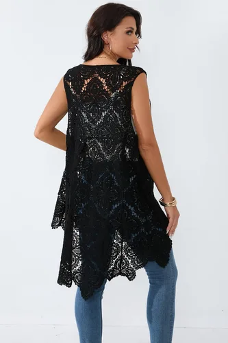 Miniatura 2 de Chaleco de encaje de ganchillo para mujer, estilo bohemio, sin mangas, kimono con dobladillo irregular