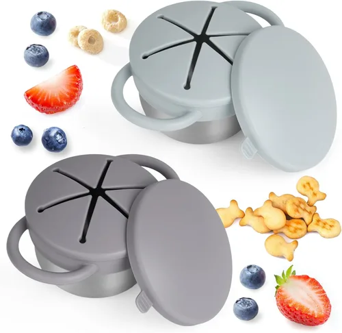Miniatura 12 de Pack de 2 tazas para aperitivos a prueba de derrames para niños pequeños - Tazas para aperitivos de acero inoxidable desmontables para niños