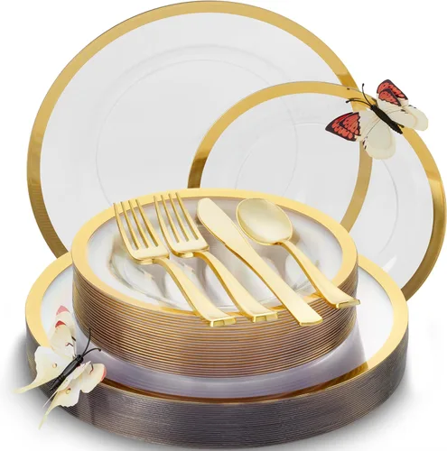 Miniatura 8 de By Madee HEAVYweight - Juego de 150 platos y utensilios de plástico transparente y negro, juegos de vajilla de plástico elegante con regalo de claro