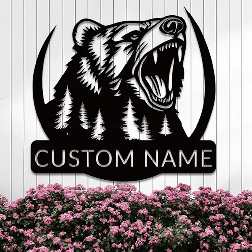 Arte de pared de metal con oso grizzly de bosque, letreros personalizados con nombre de oso rugiente, decoración de pared personalizada de cabaña de