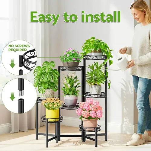 Miniatura 6 de Soporte de metal para plantas de 7 niveles, estante alto de hierro forjado para plantas para interiores, exteriores, soporte plegable alto