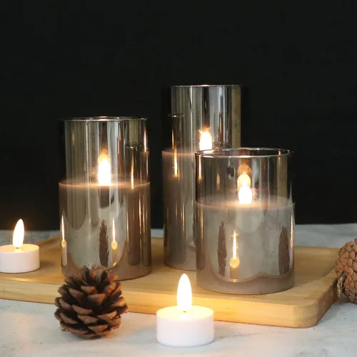 Miniatura 5 de GenSwin - Velas LED sin llama de cristal gris que funcionan con batería, con temporizador y control remoto de 10 teclas, velas de cera real de luz