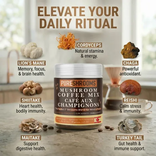 Miniatura 4 de PureShrooms Perfect 7 - Café de hongos – Arábica instantánea de origen único con melena de león orgánica, Reishi y Cordyceps – Bebida