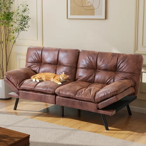 Miniatura 12 de Opoiar Sofá cama tipo futón de cuero negro convertible con espuma viscoelástica, juego de futón plegable y moderno para estudio, Drom, apartamento