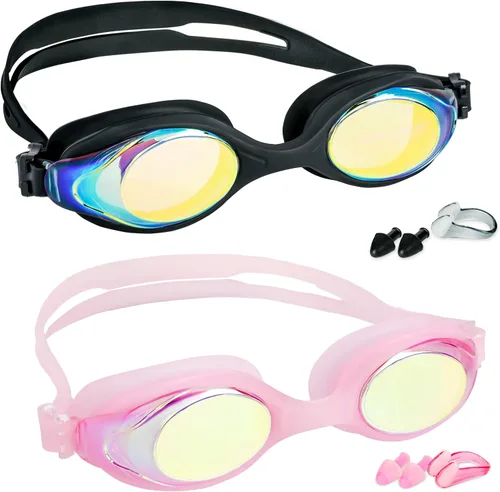 EWPJDK Gafas de natación para niños, paquete de 2 gafas de natación antivaho sin fugas para niños de 3 a 15 años Negro & Rosado