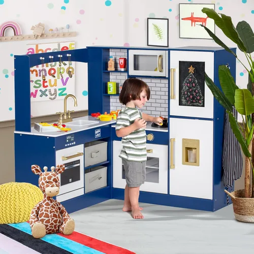 Miniatura 8 de BRINJOY Cocina de Juego de Esquina para Niños, Juego de Cocina de Madera para Niños Pequeños con Grifo, Fregadero, Microondas, Horno, Delantal, Azul