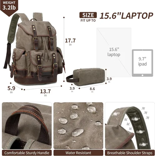 Miniatura 2 de Wogarl Mochila de lona de cuero vintage, Verde militar, Mediana, Ocio