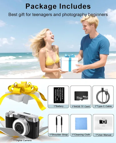 Miniatura 13 de Cámara digital FLATIC, cámaras 4K de 64MP para fotografía con tarjeta de 64GB, cámara de vlogging de enfoque automático de 18X para YouTube