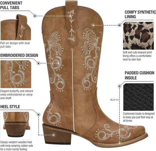Miniatura 3 de Rollda Botas vaqueras para mujer, botas vaqueras bordadas a media pantorrilla, botas occidentales para mujer, botas desgastadas con pestañas
