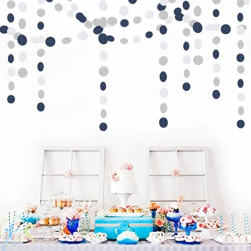 Miniatura 5 de Guirnalda de papel azul marino, blanco y plateado, decoración colgante de revelación de género de 52 pies, banderín de graduación, compromiso, Azul