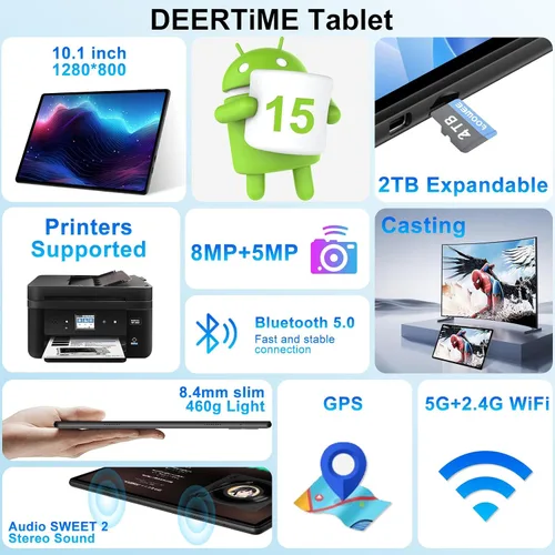 Miniatura 5 de Tableta Android 15 de 10 pulgadas con teclado, 30 GB de RAM 64 GB ROM 2.0 GHz Octa-Core, cámara dual, expansión de 2 TB, Widevine L1, WiFi 5G, BT