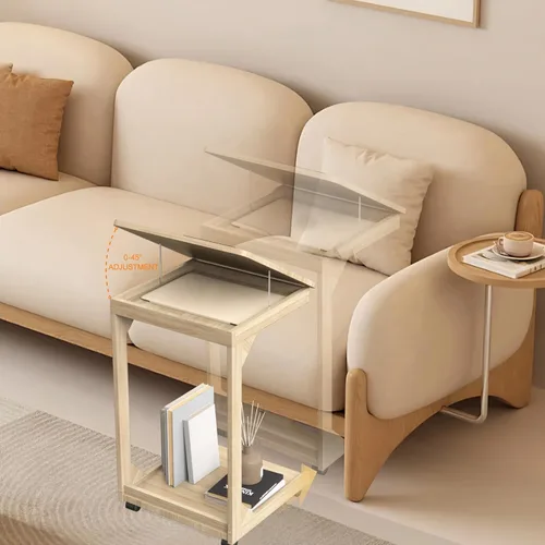 Miniatura 6 de Mesa de sofá en forma de C, mesa auxiliar con ruedas giratorias de 360°, escritorio inclinable ajustable de 40° para sofá, laptop, café, mesa C