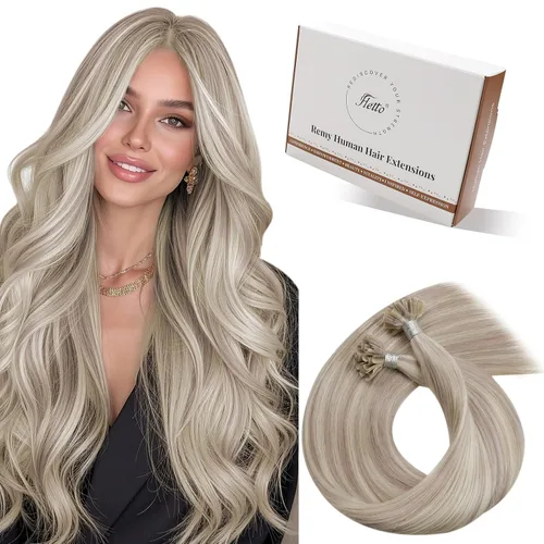 Miniatura 61 de Hetto Extensiones de cabello humano con nano cuentas, balayage, extensiones de cabello humano, color negro degradado a plateado, extensiones