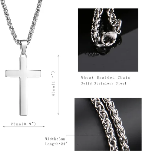 Miniatura 6 de P. BLAKE Collar con colgante de cruz de acero inoxidable para hombres y niños, colgante de cruz cristiana con cadena de 24 pulgadas