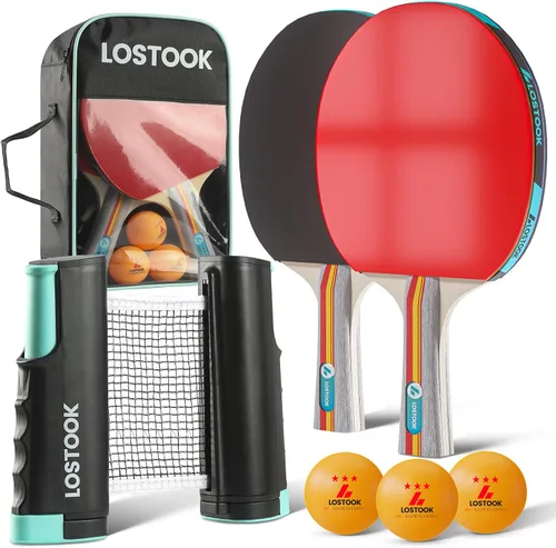 Miniatura 8 de Juego de 2/4 palas de ping pong profesionales de color negro con raquetas de tenis de mesa y 3 bolas de estrella, red de mesa de ping pong portátil