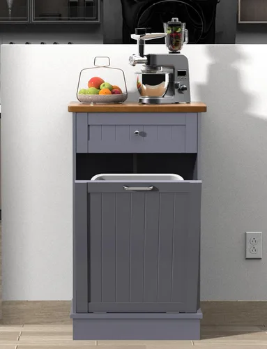 Miniatura 14 de Gabinete de Basura Inclinable, Isla de Cocina Estilo Antiguo con Tablero de Listones y Superficie de Madera Maciza y Cajón, Bote de Basura a Prueba