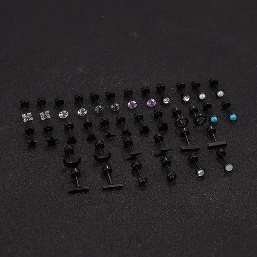 Miniatura 3 de TEN MIRO Juego de 18 pares de aretes pequeños para cartílago para mujeres y hombres, acero inoxidable 316L, 20G, cartílago, hélix, luna, estrella