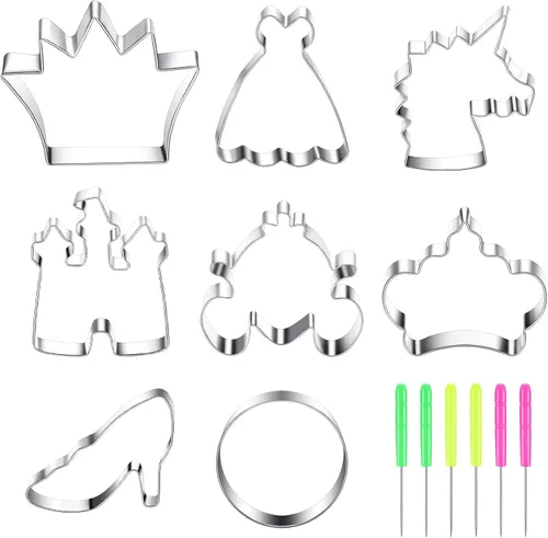 Juego de 8 cortadores de galletas de princesa con corona, vestido, castillos, forma de cabeza de unicornio, cortadores de galletas de fondant de