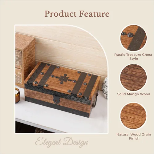 Miniatura 4 de Ajuny Cofre del tesoro de madera hecho a mano, caja de recuerdo vintage y joyería con tiras de concha, almacenamiento de regalo multiusos