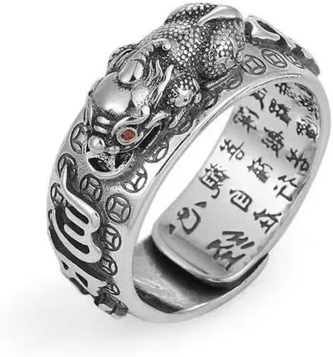Miniatura 4 de Anillo vintage de plata Feng Shui Pixiu para mujeres y hombres, grabado textos budistas, alivio máximo, sapo dragón, Pixiu, camafeo, riqueza, buena