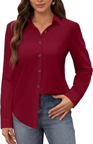 Miniatura 14 de Siliteelon - Camisas de vestir para mujer, a prueba de manchas, sin arrugas, de manga larga, sólidas, para trabajo y negocios, con botones