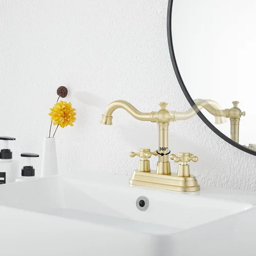 Miniatura 3 de Llave de baño GGStudy de oro cepillado, de 2 asas, de 4 pulgadas, llave central para baño con montaje de drenaje y manguera de suministro, llave